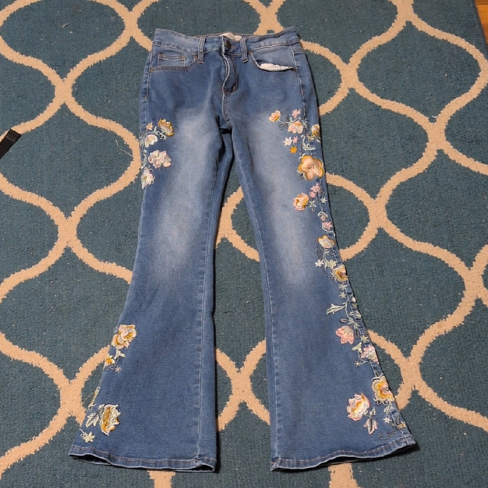 BAMBOO Light Blue Embroidered Floral Flare Jeans